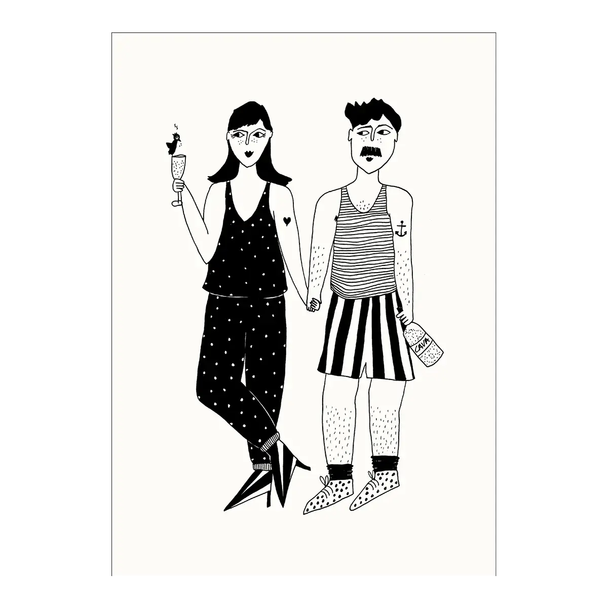 Illustration B&W couple en pyjama tenant la main, touche d’émotion sincère pour ambiance chaleureuse