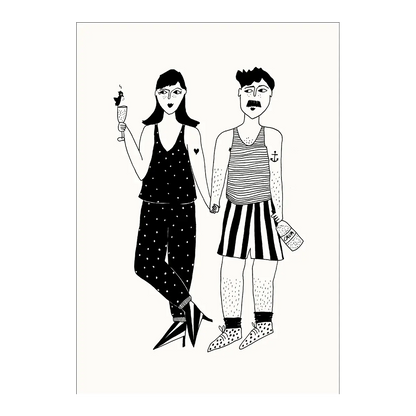 Illustration B&W couple en pyjama tenant la main, touche d’émotion sincère pour ambiance chaleureuse