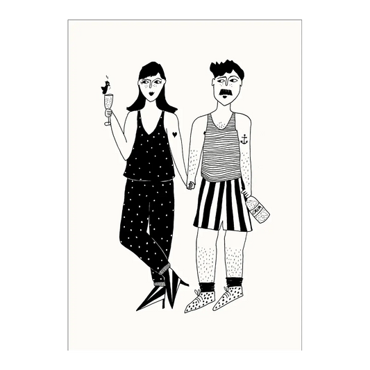 Illustration B&W couple en pyjama tenant la main, touche d’émotion sincère pour ambiance chaleureuse