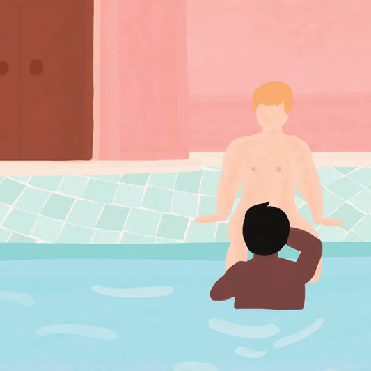 Deux personnes dans une piscine avec poster art love Marrakech A3, certificat d’authenticité