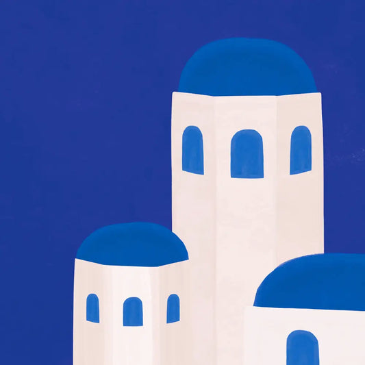 Poster art love in Mykonos avec bâtiments blancs et dômes bleus, fabrication française