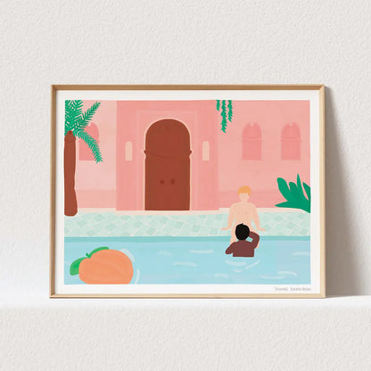 Illustration encadrée de gens en piscine, poster artistique A3 Marrakech avec certificat d’authenticité