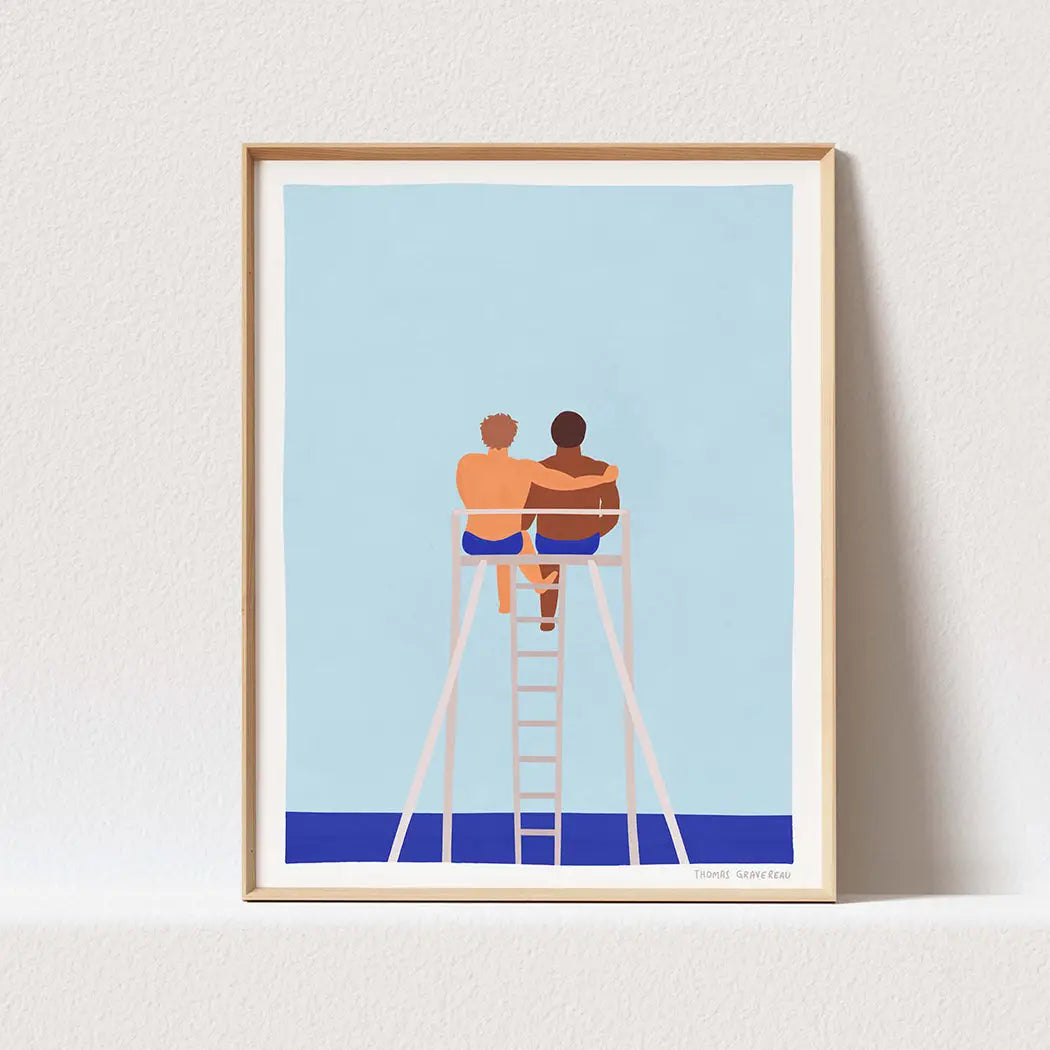 Poster d’art vibrant : deux hommes sur tour de sauvetage, romance d’été