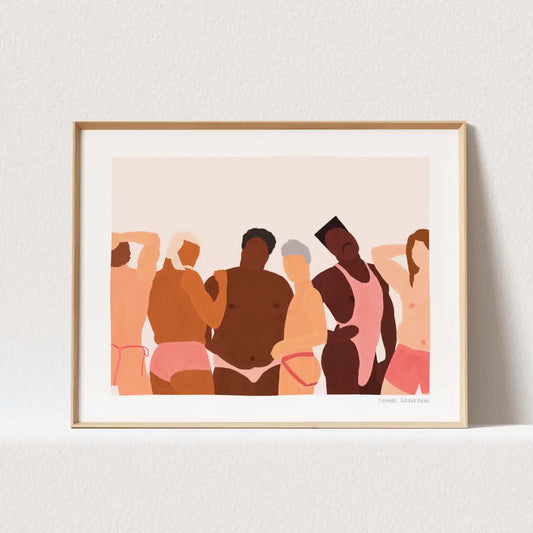 Framed poster art them in lingerie with diverse swimwear figures for stylish decor