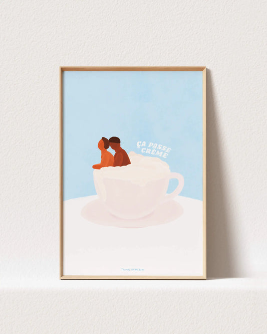 Poster A4 ça passe crème : deux figures en tasse, papier satiné, certificat d’authenticité