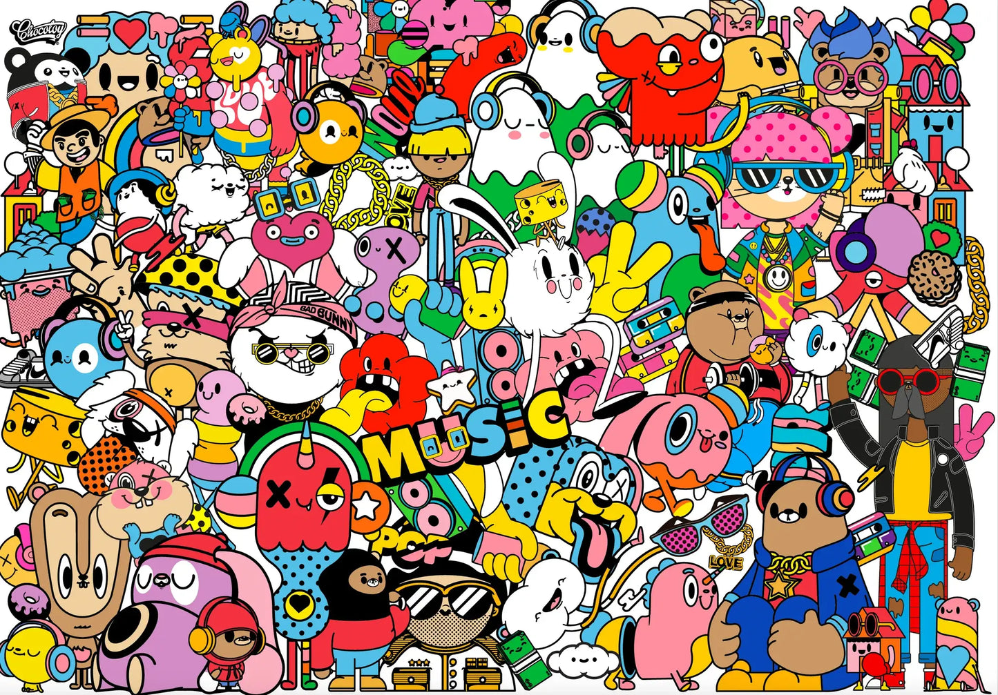 Collage vibrant de coloriage candy avec lapin blanc et créatures colorées pour affiche géant candy music