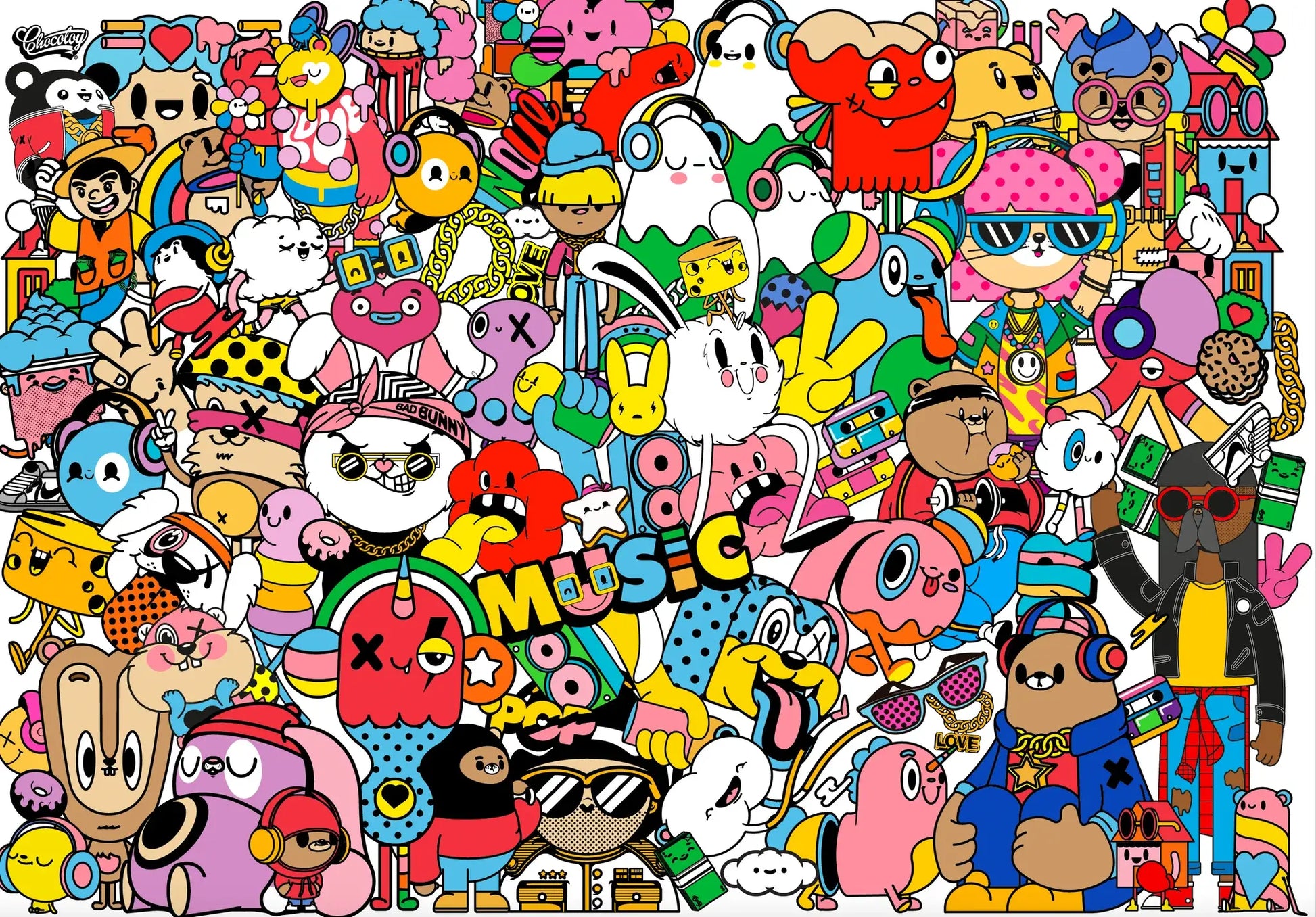 Collage vibrant de coloriage candy avec lapin blanc et créatures colorées pour affiche géant candy music
