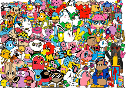 Collage vibrant de coloriage candy avec lapin blanc et créatures colorées pour affiche géant candy music