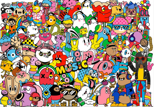 Collage vibrant de coloriage candy avec lapin blanc et créatures colorées pour affiche géant candy music