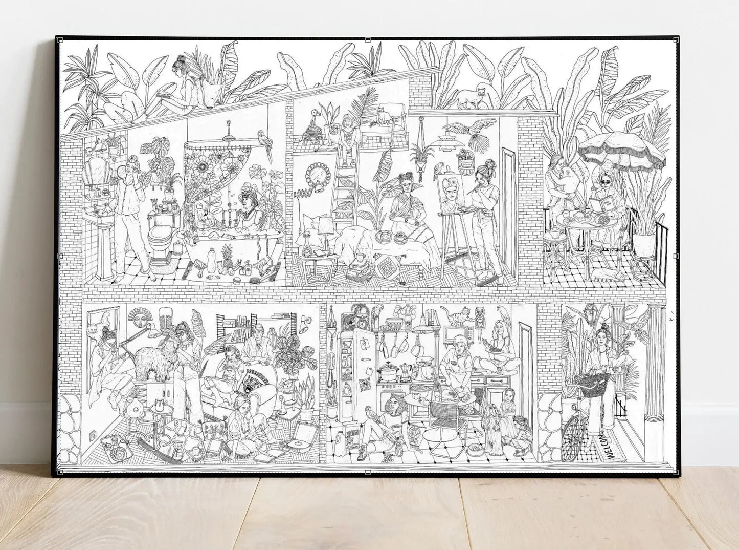 Mural géant à colorier Ellas/hers en noir et blanc avec plantes et activités