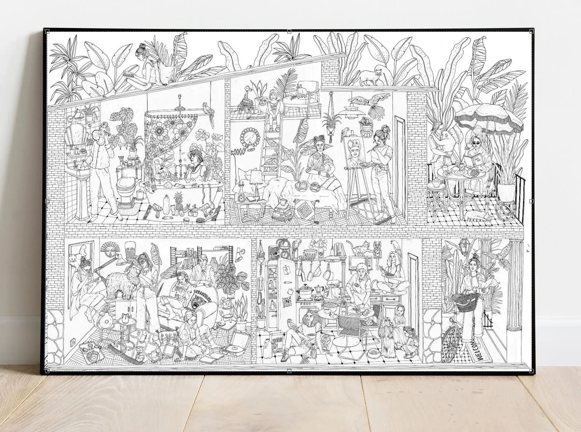 Mural géant à colorier Ellas/hers en noir et blanc avec plantes et activités