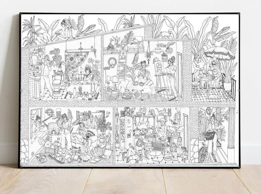 Mural géant à colorier Ellas/hers en noir et blanc avec plantes et activités