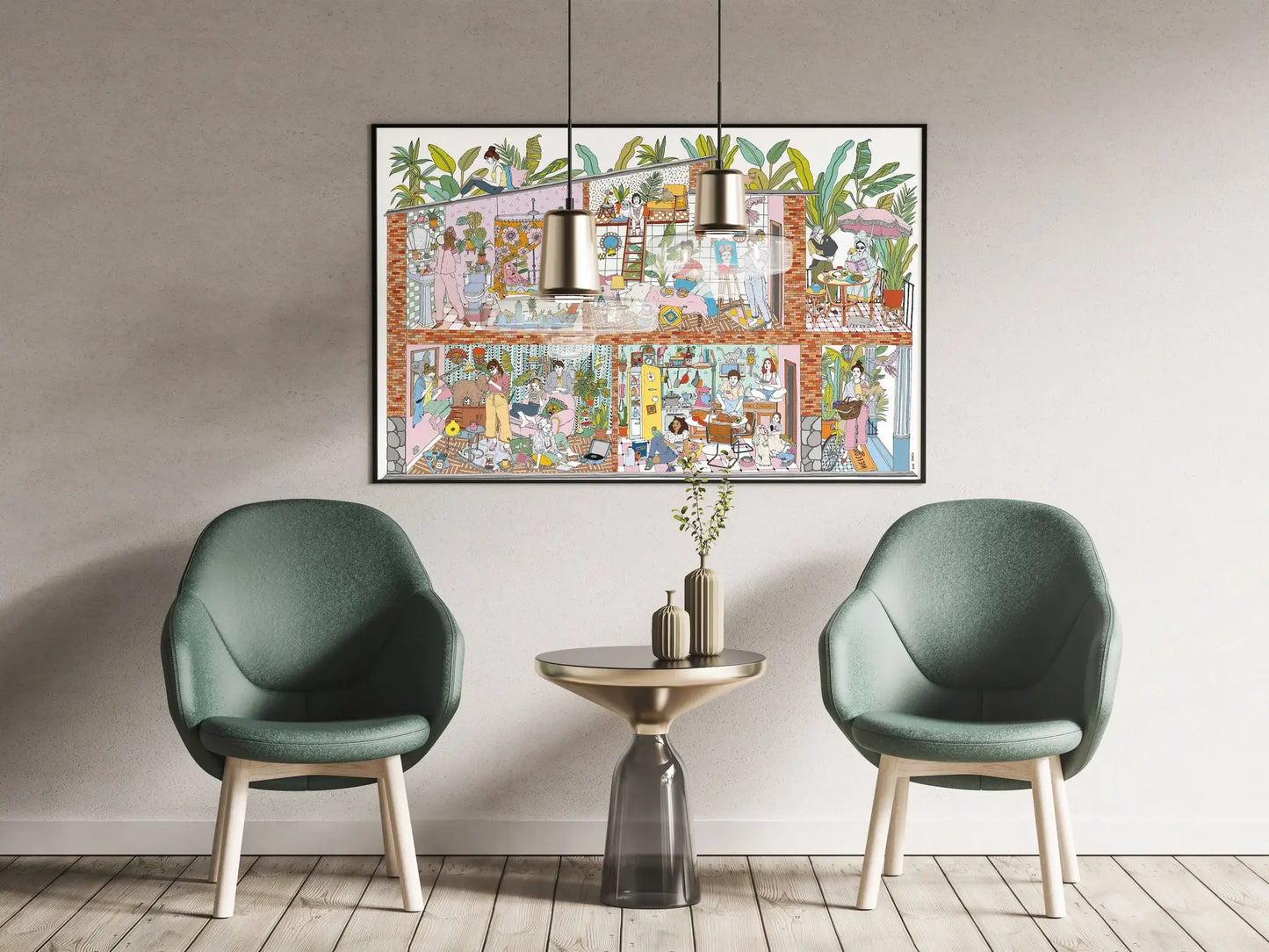 Poster géant à colorier Ellas/hers avec scène intérieure animée et verdure luxuriante