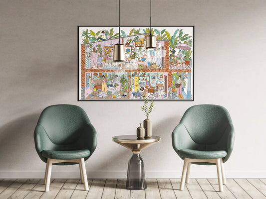 Poster géant à colorier Ellas/hers avec scène intérieure animée et verdure luxuriante