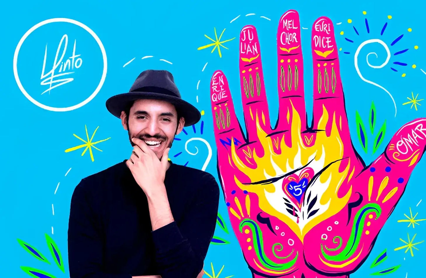 Poster géant à colorier Mexican Posada avec empreinte rose vibrante, flammes jaunes, swirls verts et noms en blanc