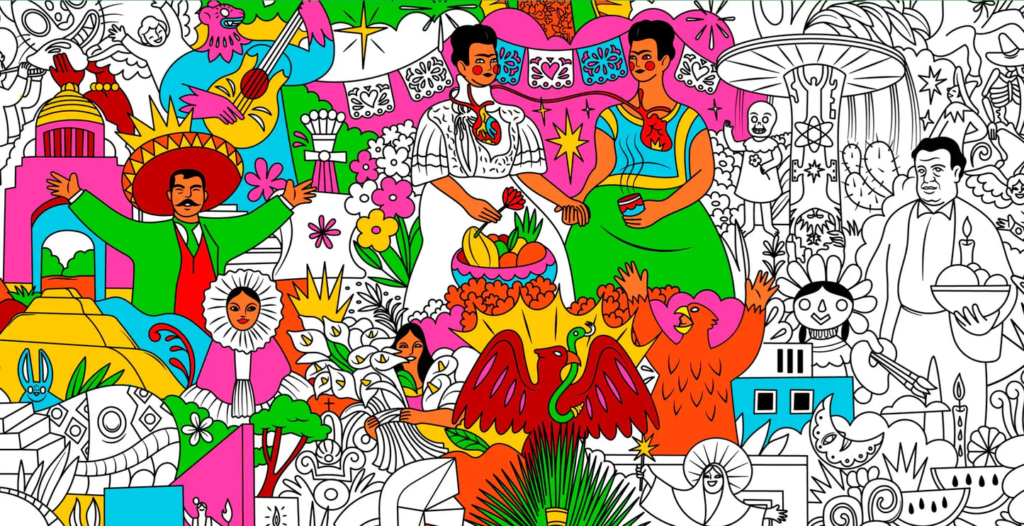 Poster géant à colorier : posada mexicaine vibrante avec folklore mexicain
