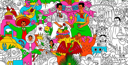 Poster géant à colorier : posada mexicaine vibrante avec folklore mexicain