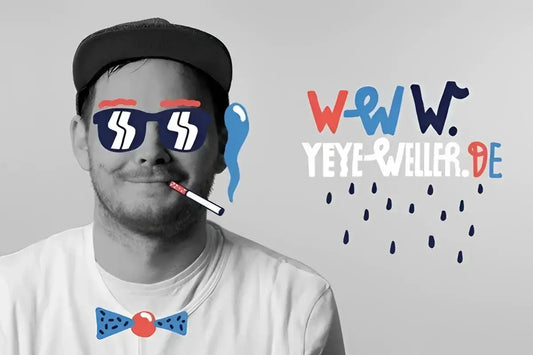 Homme en casquette noire, t-shirt avec nœud papillon bleu rouge et lunettes cartoon sur poster géant à colorier spread love