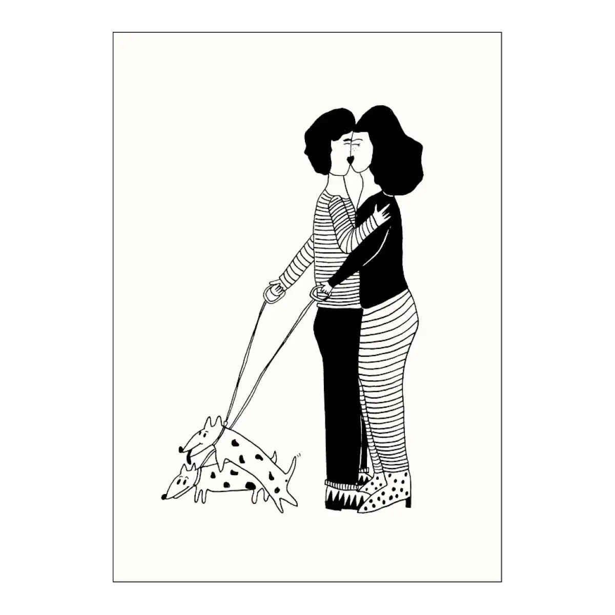 Poster horny : deux personnes s’embrassant en promenant des chiens audacieux