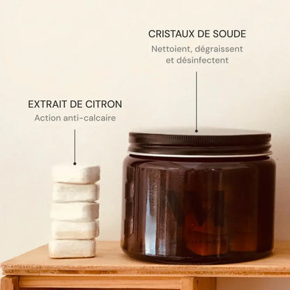 Tablettes pot lave-vaisselle X20 240g, pile blanche près de bocal ambré, formule certifiée écologique