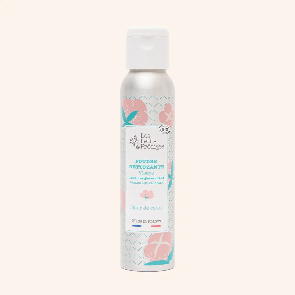 Poudre nettoyante visage fleur de coton en flacon métallique rose floral