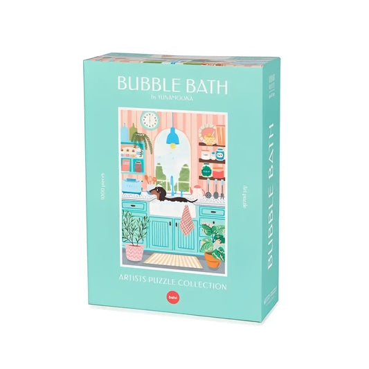 Boîte puzzle bleu clair 1000 pièces Teckel avec scène salle de bain cosy Bubble Bath par Yumi Koma, touche d’originalité plus qu’un jeu