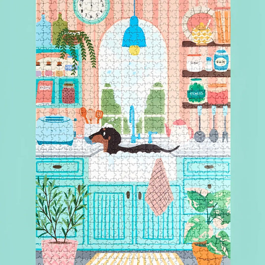 Puzzle 1000 pièces teckel : cuisine cosy aux pastels, plus qu’un jeu avec pièces teckel