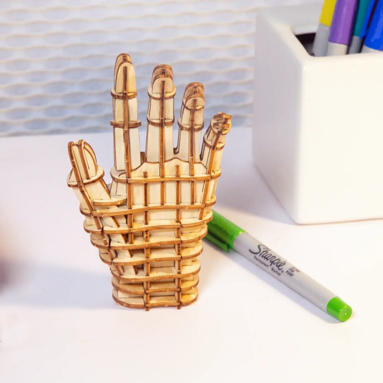 Porte-stylos puzzle 3D bois main en bois clair, design latté