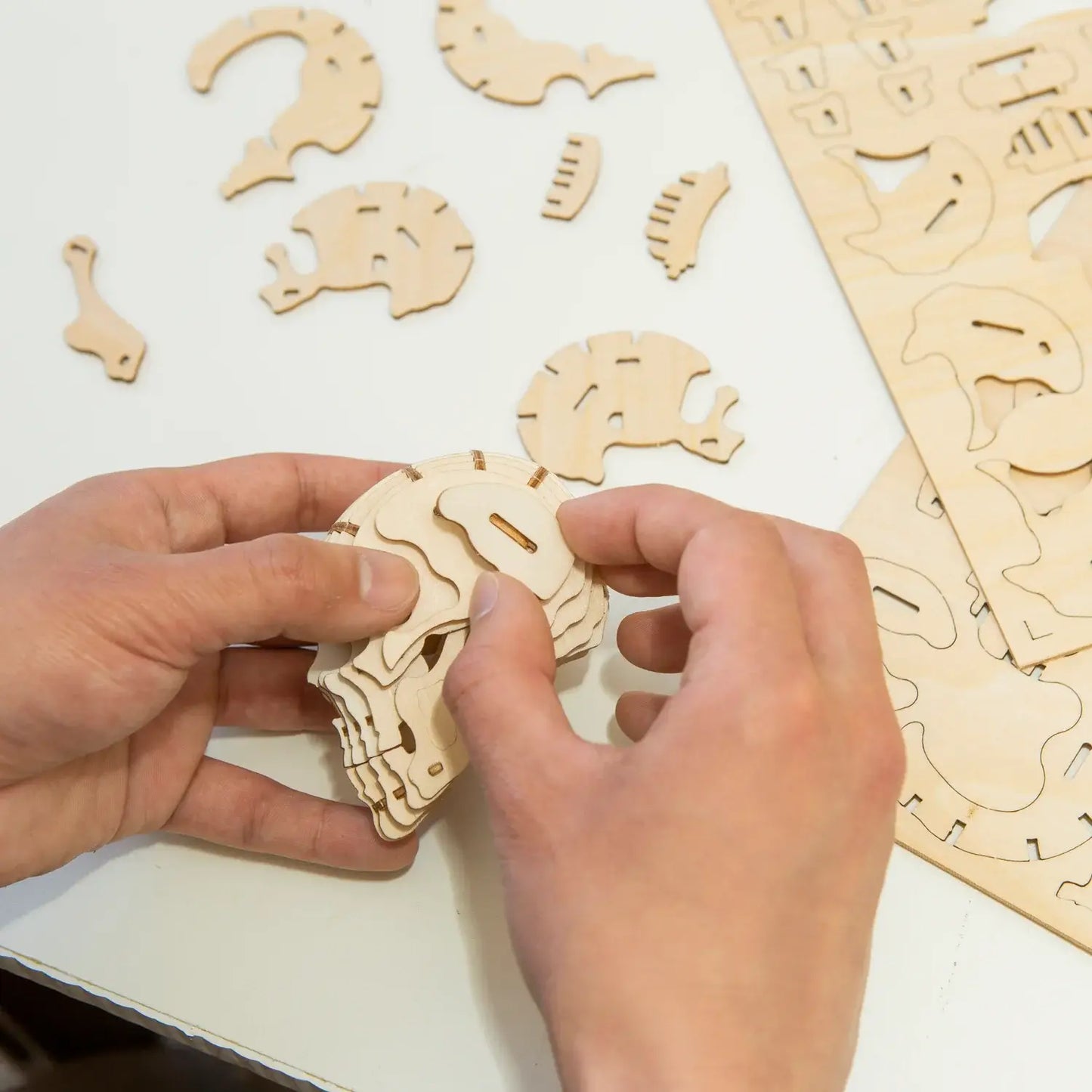 Puzzle 3D bois skull en cours, détails ajourés et pièces superposées à exposer fièrement