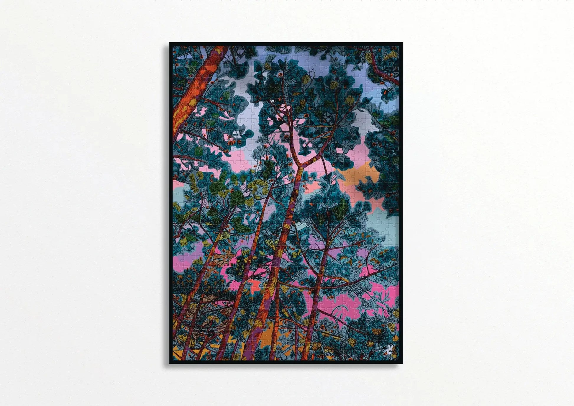 Puzzle Sound of Silence : artwork encadré de pins sous ciel rose-bleu, 1000 pièces écoresponsables