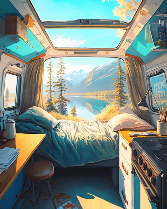 Linge de lit teal et blanc cosy en camping-car compact, Puzzle Van Life 1000 pièces, vie nomade sur routes sinueuses, œuvre d’art