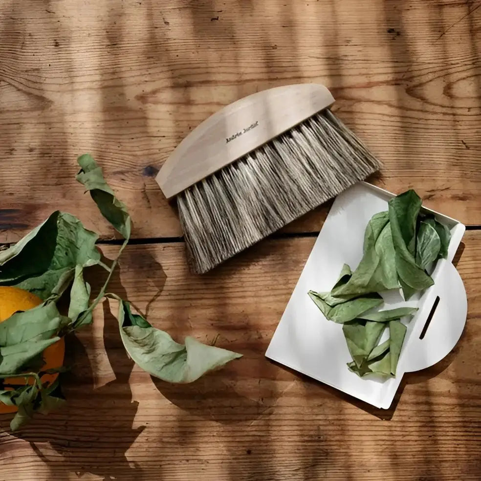 Ramasse miettes Clynk Nature blanc avec brosse en bois et poussière responsable