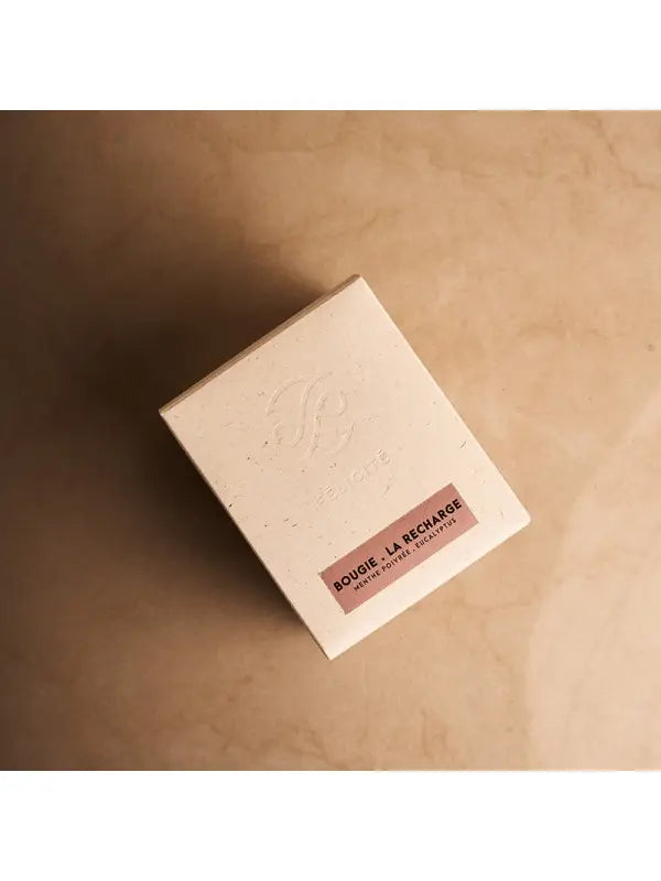 Recharge bougie menthe eucalyptus 230g en boîte minimaliste blanche
