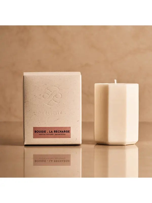 Bougie Recharge menthe poivrée eucalyptus 230g crème hexagonale minimaliste