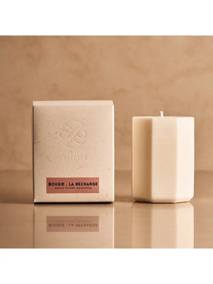 Bougie Recharge menthe poivrée eucalyptus 230g crème hexagonale minimaliste