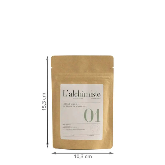 Sachet recharge lessive liquide 1L L’alchimiste 01, kraft avec fenêtre, 15.3x10.3cm