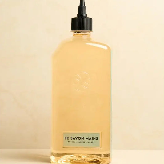 Recharge savon main liquide tonka dans une bouteille en verre avec pompe noire