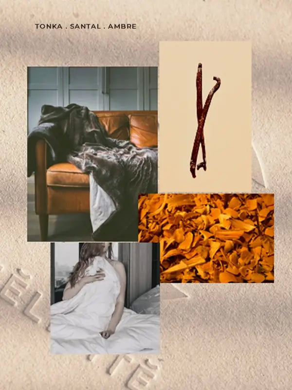 Collage cosy: espace vie, fèves vanille, copeaux bois, personne au lit, recharge savon main tonka santal ambre