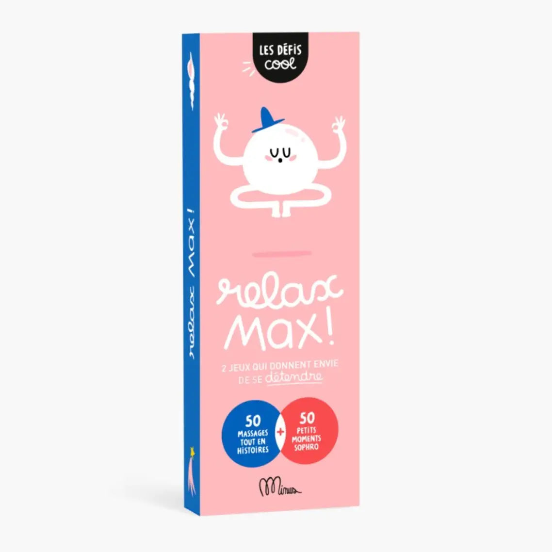Boîte rose rectangulaire Minia Relax Max avec personnage méditant et texte relax max pour bonne humeur