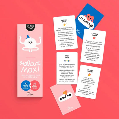 Boîte Relax Max rose avec personnage cartoon, 50 cartes massage et texte relax max pour bonne humeur