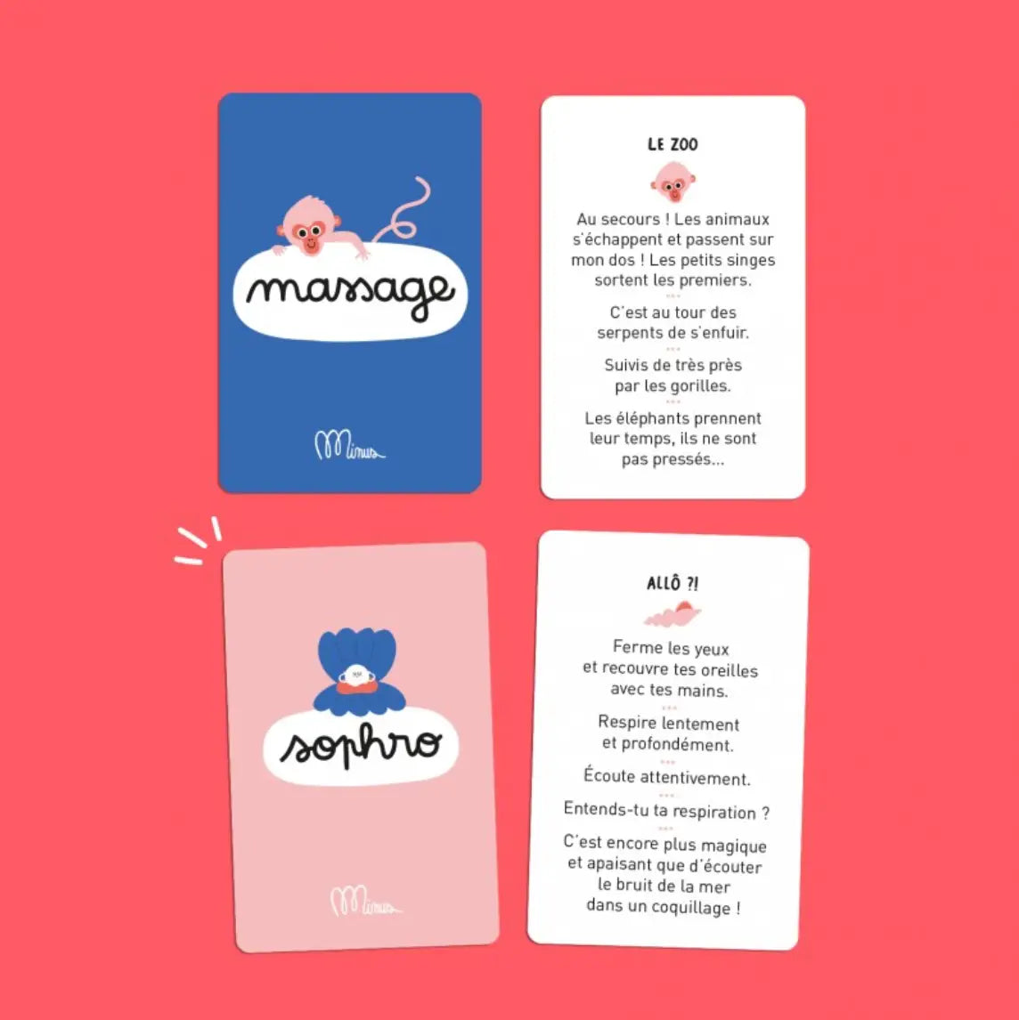 Cartes Relax Max bleues et roses avec animaux cartoon et texte français sur fond blanc
