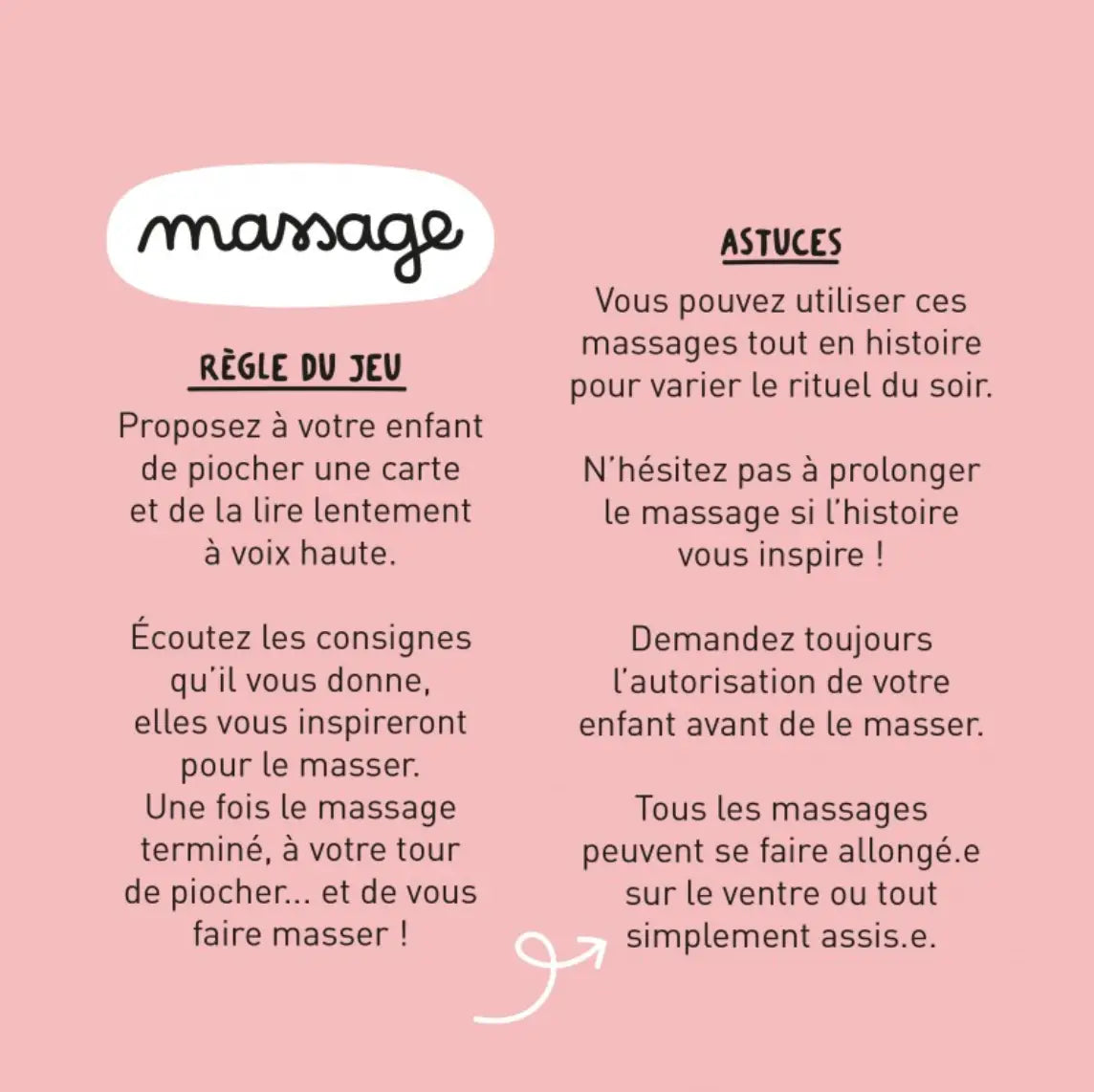 Fond rose avec texte cursif massage et instructions parent-enfant pour Relax Max, jeu qui donne envie de se détendre