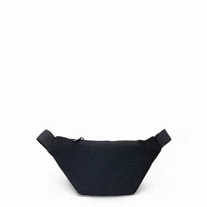 Sac banane en maille noire, zip supérieur, sangles ajustables, design artistique recyclé