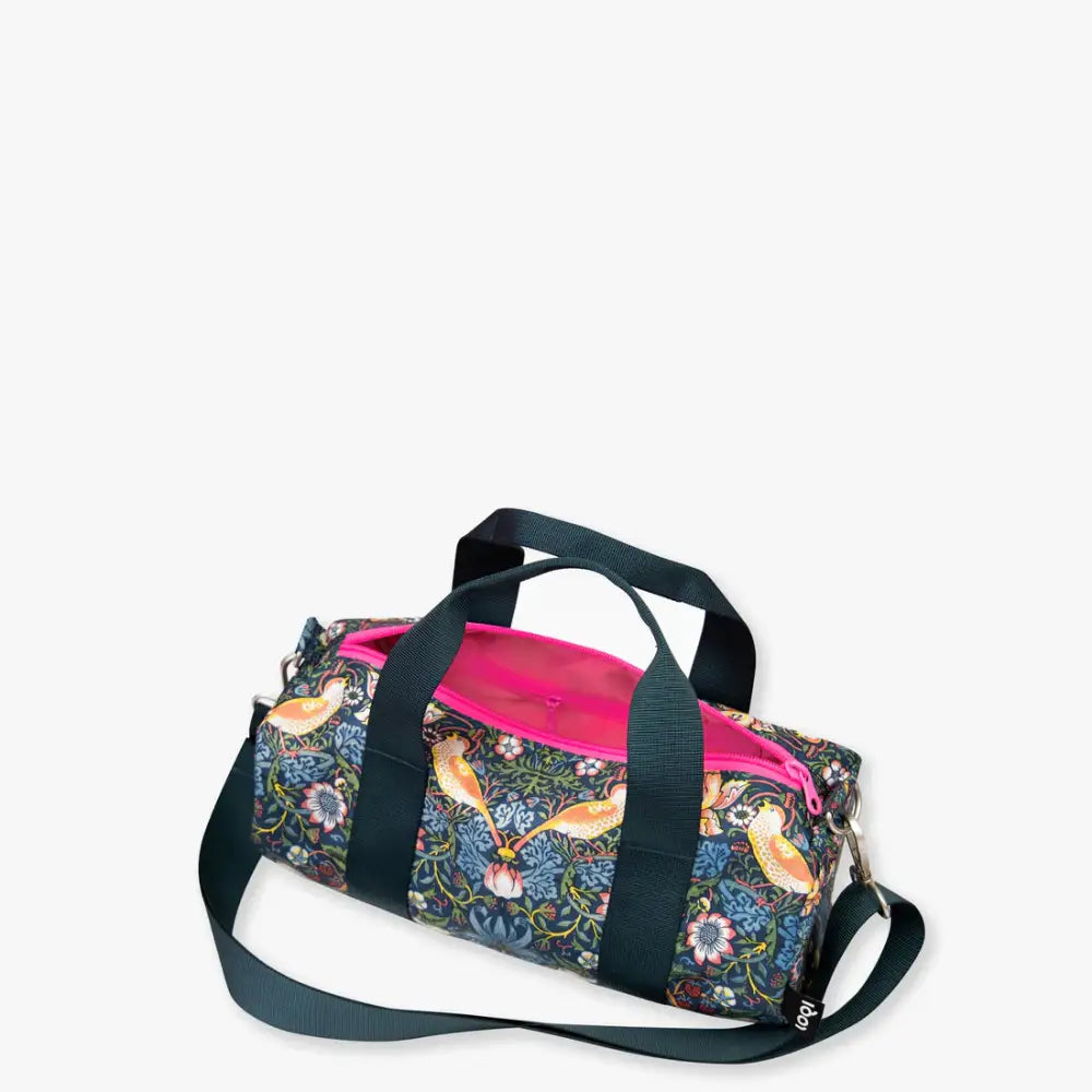 Sac week end medium William Morris avec motif floral et oiseaux, intérieur rose vif