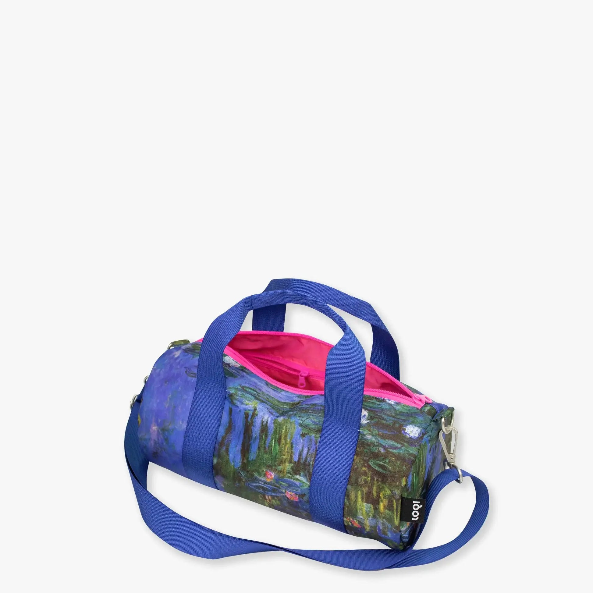 Sac week-end moyen Claude Monet bleu à motif nénuphars et intérieur rose vif