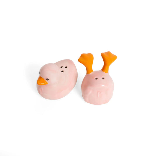 Salières poivrières canard poulet en céramique rose, design ludique et touche d’humour