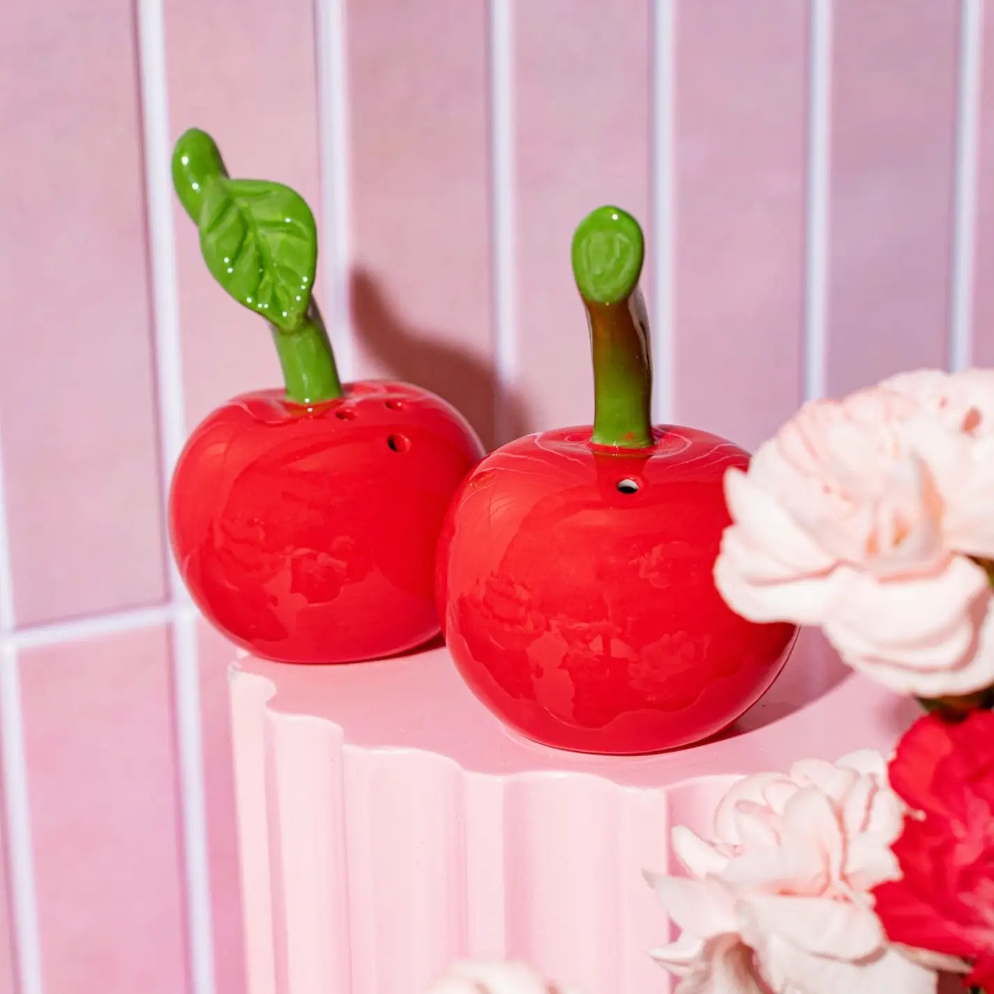 Salière poivrière cerise rouge vibrante, émaillée pour usage quotidien