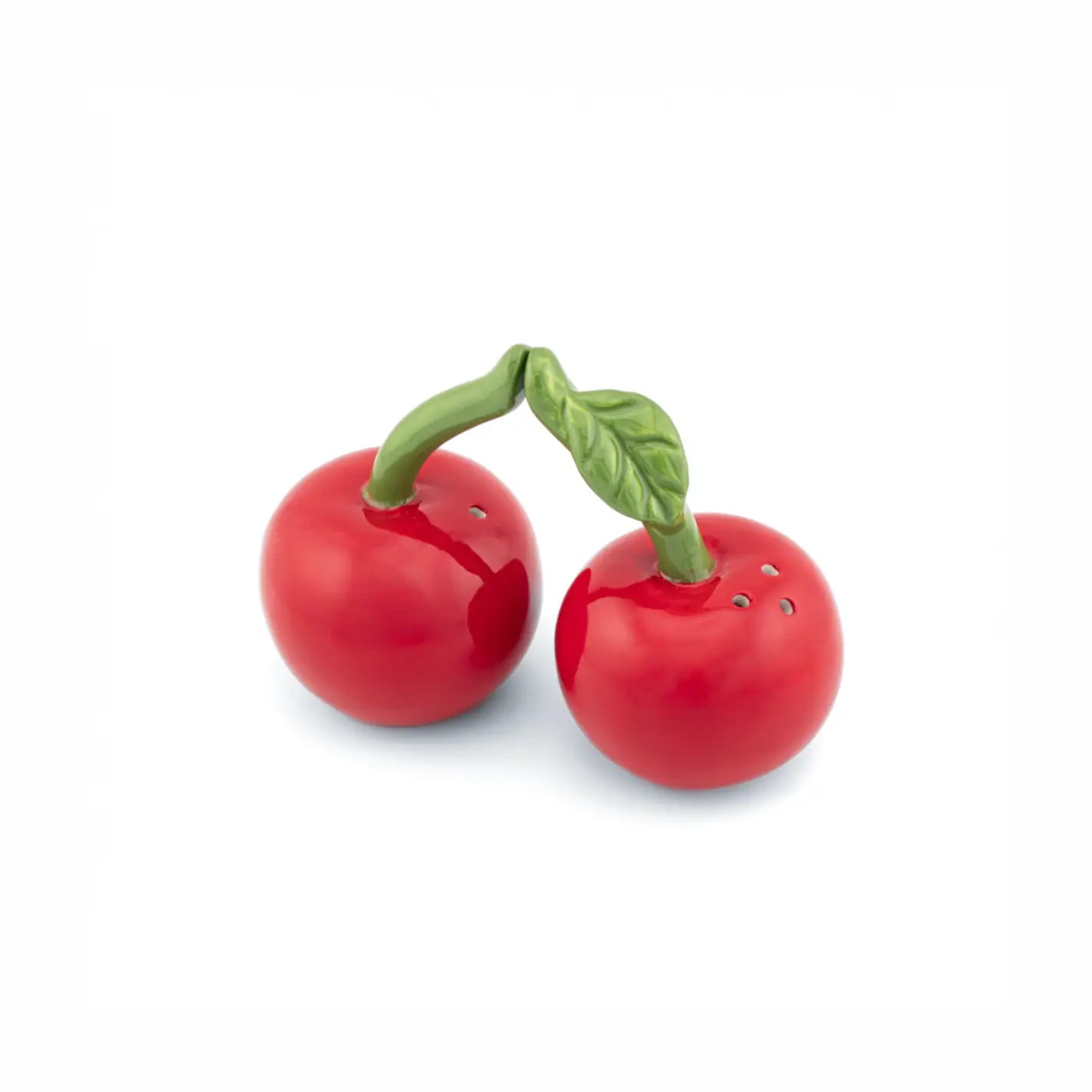 Salière poivrière cerise rouge émaillée, forme cerise avec tiges vertes