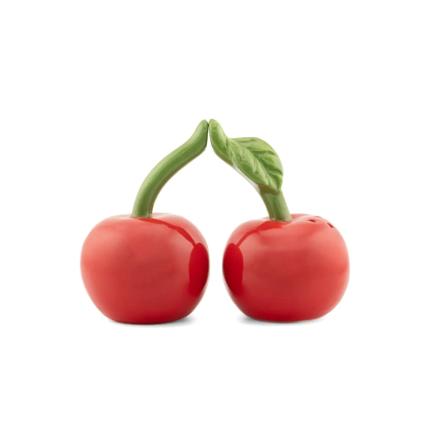 Salière poivrière cerise rouge émaillée, forme cerise avec tiges vertes