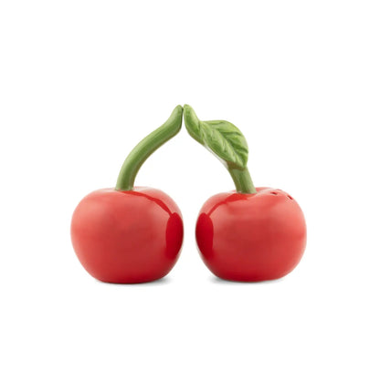 Salière poivrière cerise rouge émaillée, forme cerise avec tiges vertes